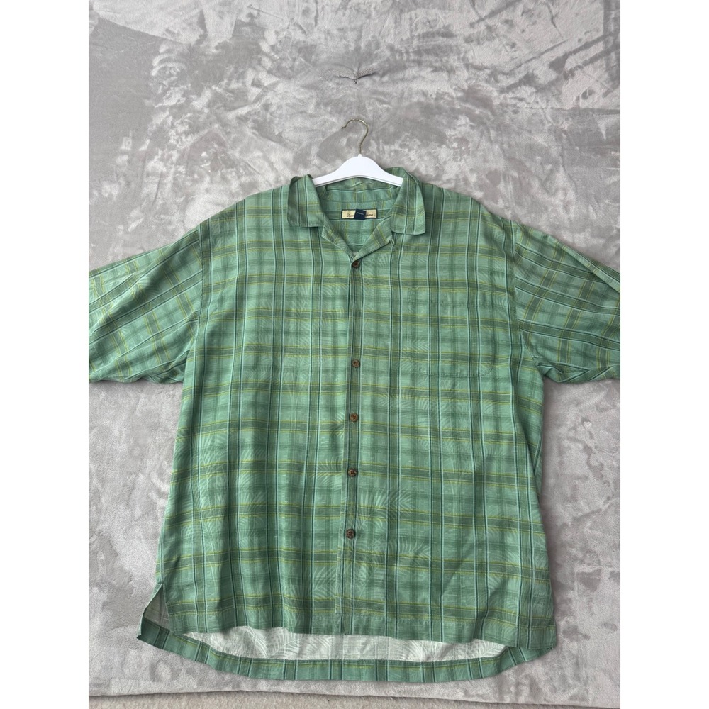 Tommy Bahama Mens XL Silk Plaid Jacquard Camp Shirt Sage Green‎ Short Sleeve